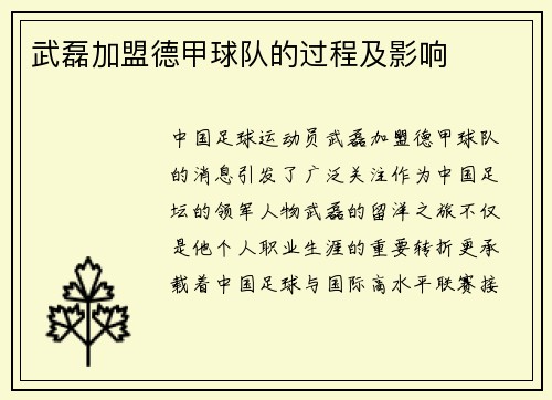 武磊加盟德甲球队的过程及影响